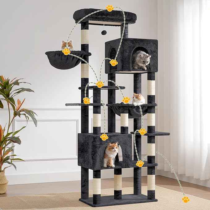 Heybly Cat Tree, 76-Inch Tall Heavy Duty Cat Tower for Big Cats with Extra Wide Baseboard, Multi-Level Large Cat Furniture with 2 Condos & 2 Hammocks, 10 Scratching Posts, Smoky Gray HCT039G