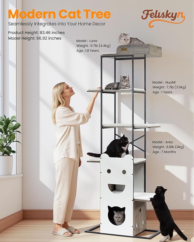 Modern Wood Cat Tree Tower, 84 Inch Extra Tall Cat Condo Trees for Indoor Cats Large Adult, XL Multi-Level Heavy Duty Wooden Sturdy Cat House Furniture with Platform Perch Bed Scratching Post Board