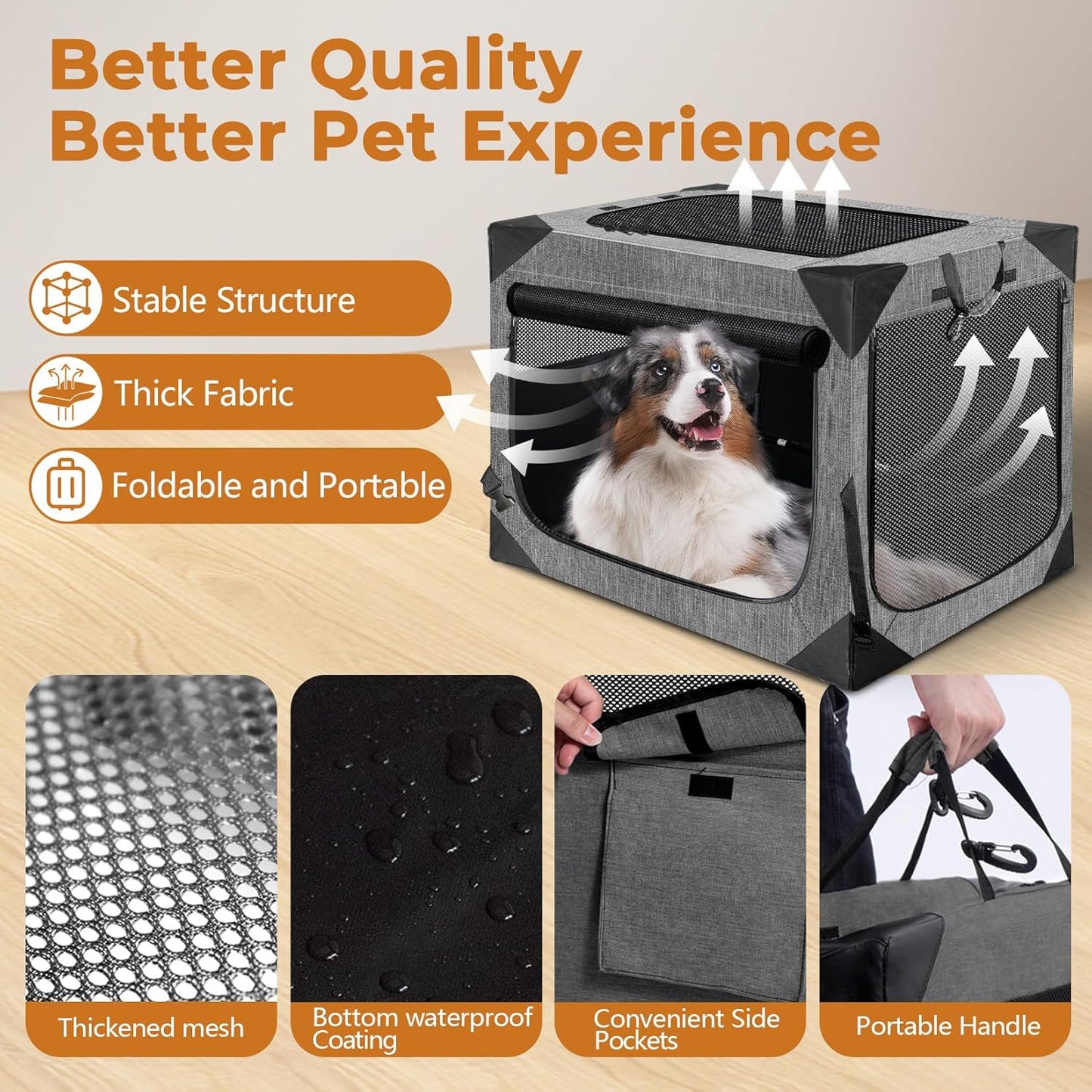 Dog Crate, Collapsible Soft Travel Crate for Large Dogs (3 Year Warranty), Indoor & Outdoor Portable Pet Kennel with Chew-Proof Mesh Window (Dark Gray, 36" L x 25" W x 25" H) ﻿