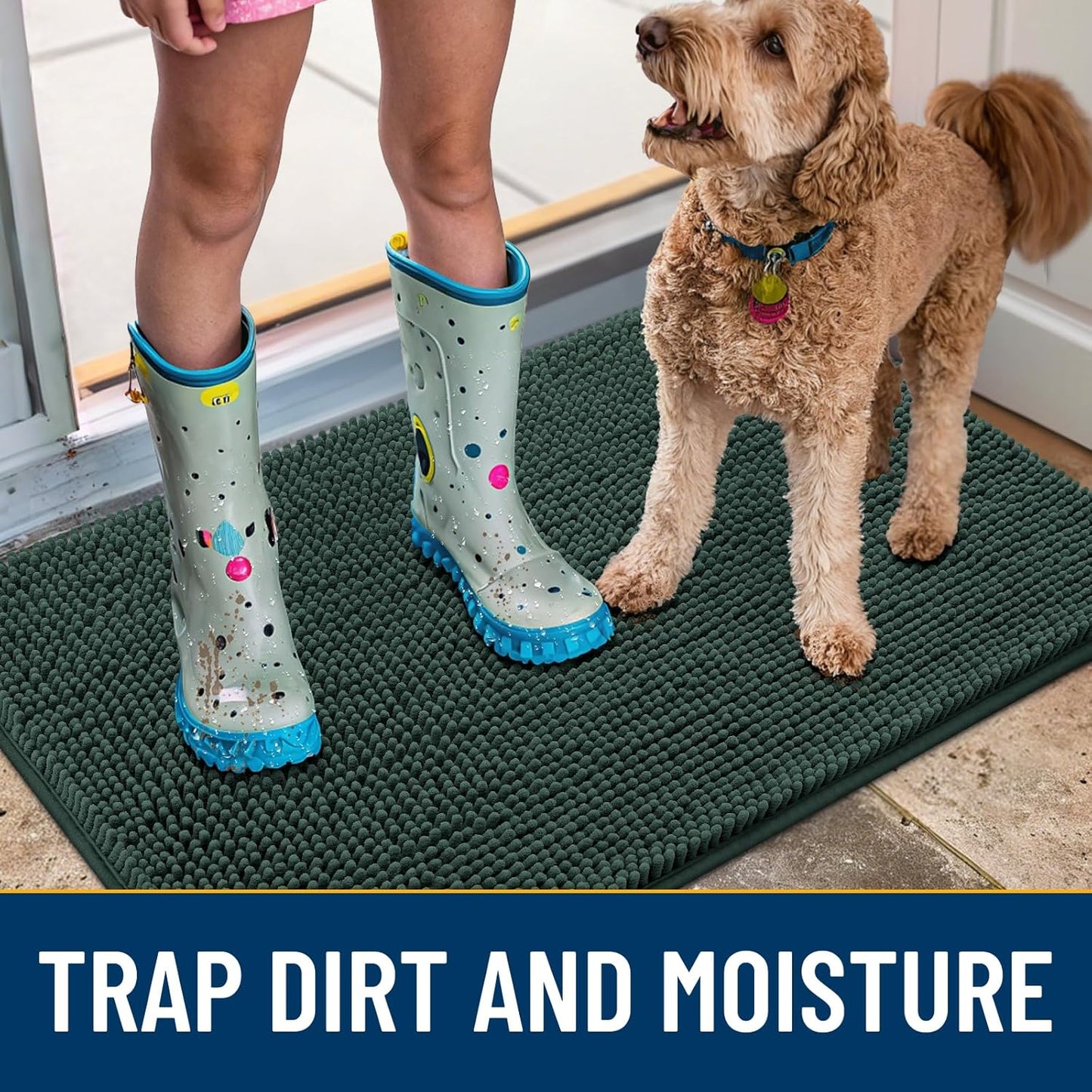 Smiry Dog Door Mat for Muddy Paws 30x20, Absorbs Moisture and Dirt Doormat, Non-Slip Washable Quick Dry Chenille Front Door Mat Indoor Entrance, Entryway Carpet for Inside Floor, Green