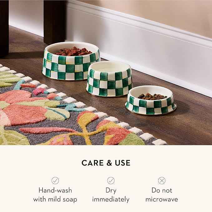 MACKENZIE-CHILDS Enamel Pet Bowl, Cute Cat and Dog Bowl for Food and Water, Large, Green-and-White Emerald Check