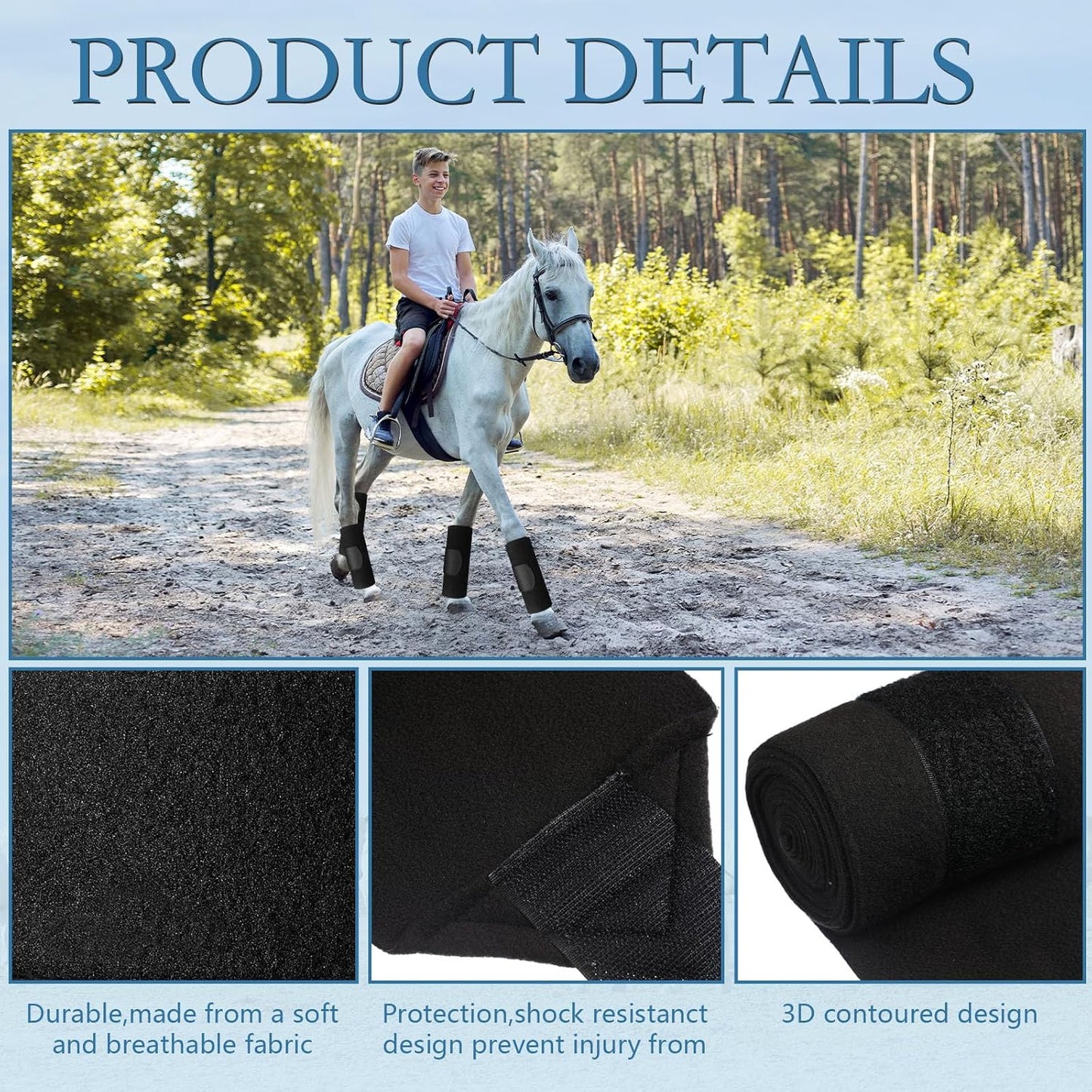 Set of 4 Horse No Bow Bandage 3D Contoured Standing Wrap Bandages Stable Nylon Horse Leg Wraps for Helping Prevent Horse from Tendon Damage and Keep Horses Clean and Safe (Black)