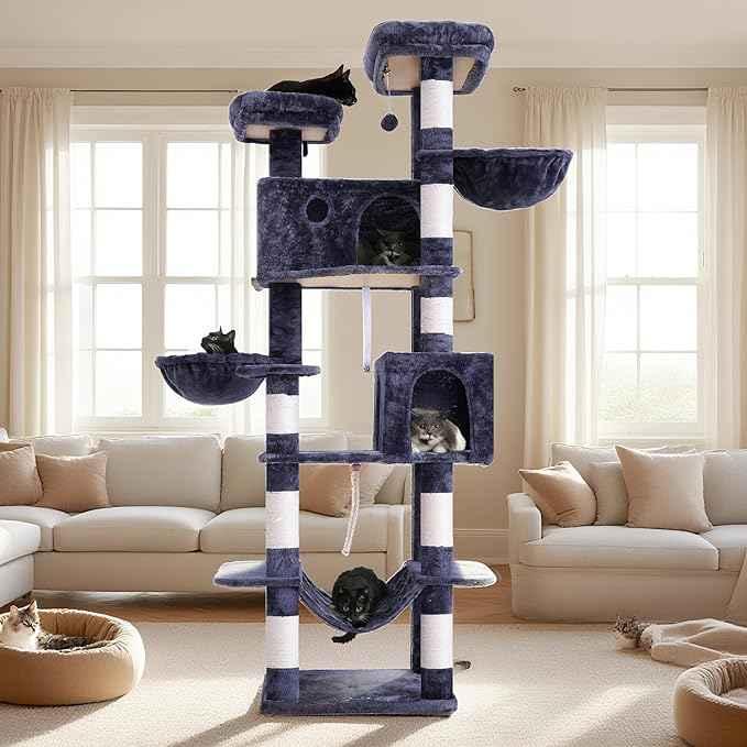 Tall Cat Tree, Large Cat Tower for Adult Cats, 80.7'' (205cm) Heavy-Duty Cat Tree House for Indoor Cats 20 lbs+ with Scratching Posts, 2 Top Perches/Condos, Hammcok, Smoky Gray GCT034G