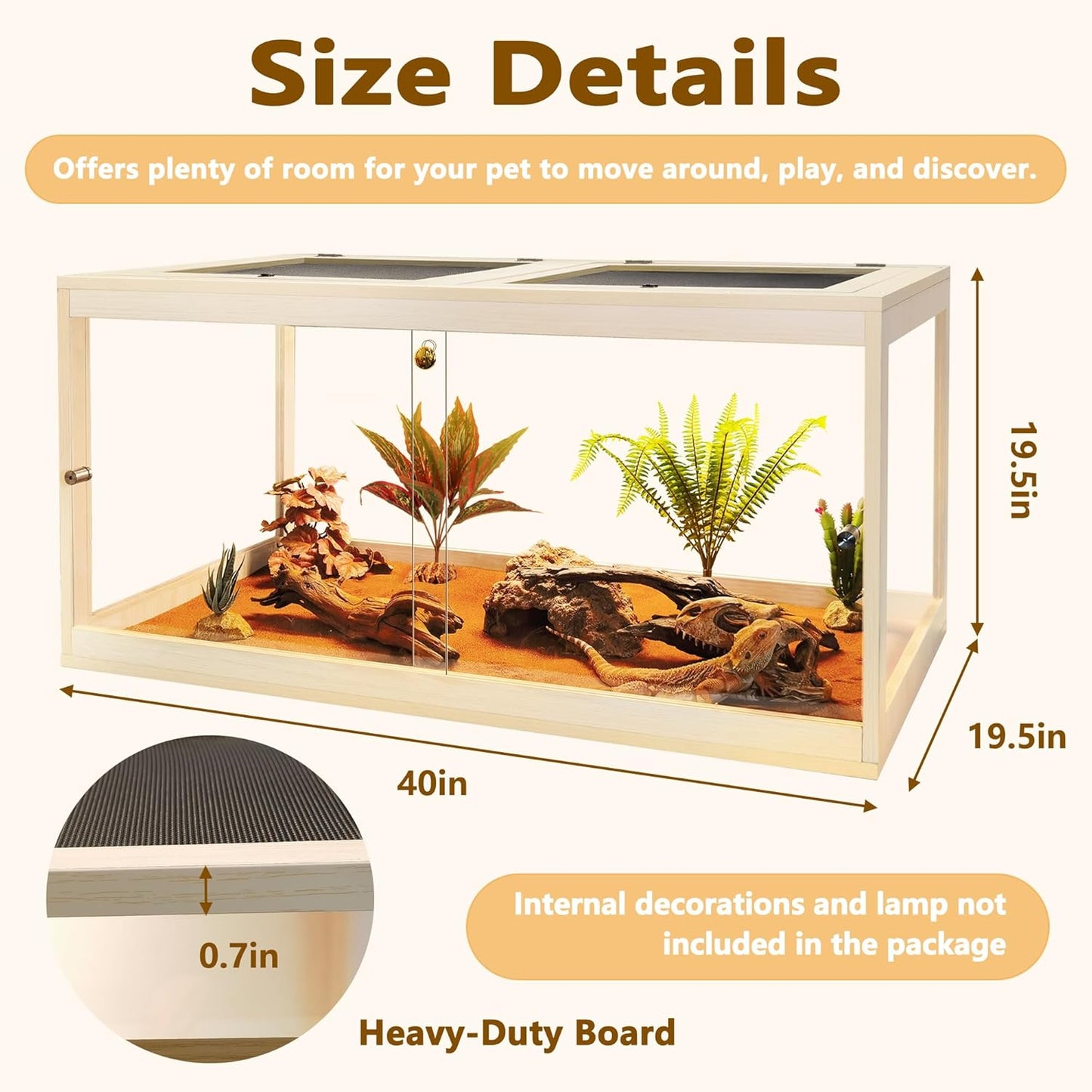 Prolee Reptile Terrarium Tank 60 Gallon Maximum, Lizard Tank Bearded Dragon Tank with Metal Mesh Roof Door, Snake Tank with Lock Design, 40" Length - FurryFun