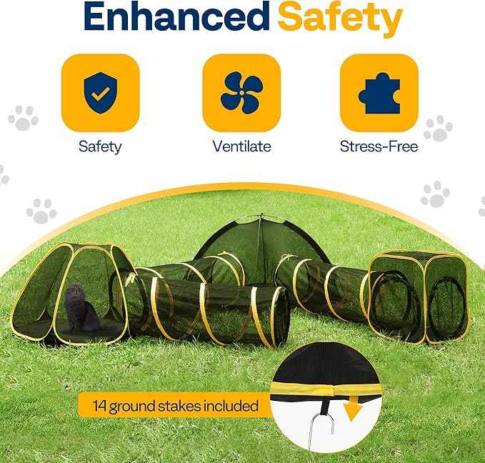 VIVOHOME 6-in-1 Outdoor Cat Enclosure with Playhouse, 2 Tents & 3 Tunnels - Portable Cat Playground with Leash and Mint Ball for Indoor/Outdoor Use, Yard Balcony Camping Safety