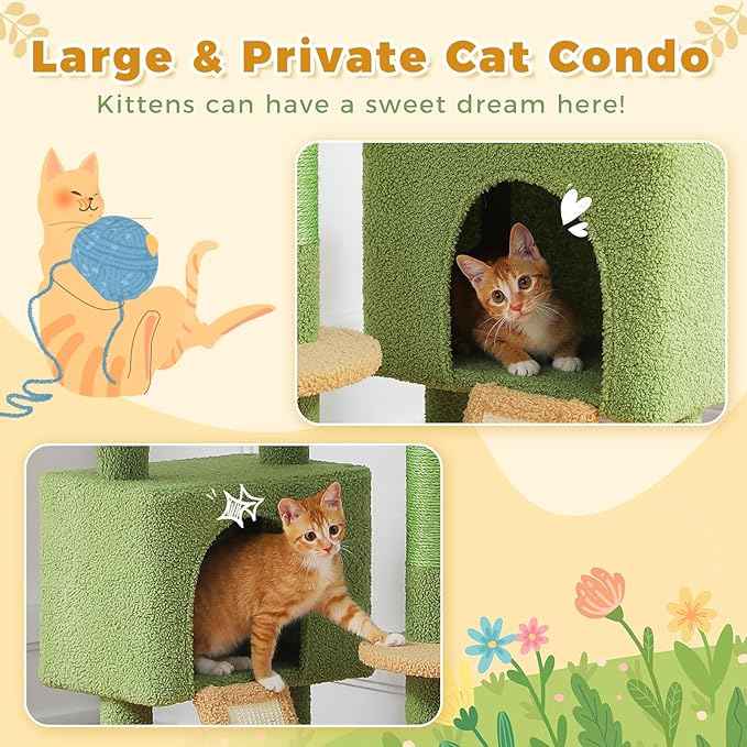 PETEPELA Floor to Ceiling Cat Tree, Adjustable 90.5''-100.4'' Cat Tower Cactus Climbing Tree with Scratching Posts, Spacious Condo and Large Hammock for Indoor Cats Large Adult, Green