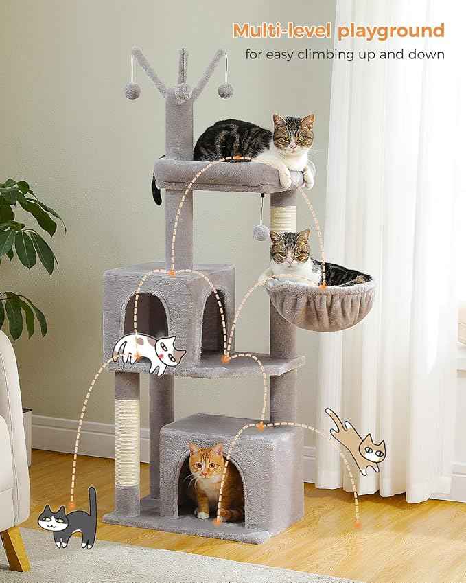 53-Inch Tall Cat Tree with 2 Condos for Indoor Cats,Cat Tower with Scratching Posts for Small Cats,Grey Cat Tree Tower with Hammock and Cat Toys
