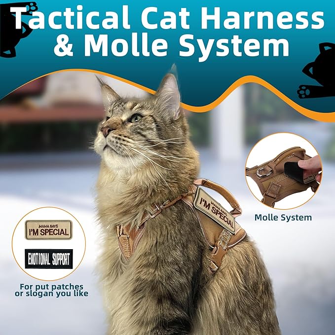 Tactical Cat Harness Khaki for Walking Esacpe Proof,Adjustable Soft Mesh Large Cat Vest with Rubber Handle Easy to Control,Molle Patches XL