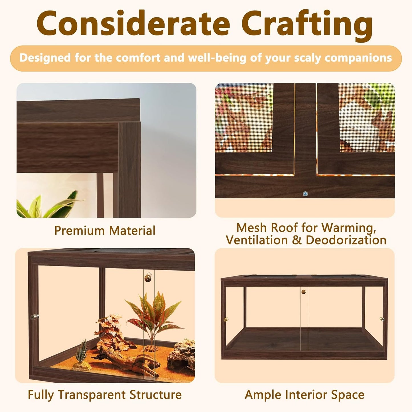 PROLEE Bearded Dragon Tank,34 Gallon Reptile Tank with Meatl Mesh Roof and Front Sliding Door, Anti-Scratch Lizard Tank,Spacious Reptile Enclosure for Snakes,Lguanas, Chameleons(Walnut) - FurryFun