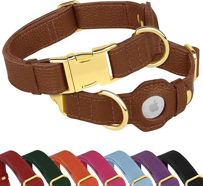 Leather Airtag Dog Collar - Soft Tracking Dog Collar with Apple AirTag Holder and Metal Buckle - Safety GPS Pet Collars for Small Medium Large Dogs Puppy Pink Red (Brown, XS, 9"-12" Neck Fit)