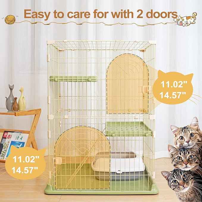 Cat Cage 2-Tier Indoor Cat Enclosure with Widen Bottom Buckle & Reinforced Locking Clamps DlY Cat Playpen for 1-2 Cats & Small Pets,31" Lx 20" W X 36" H (Green, Two-Tier36)