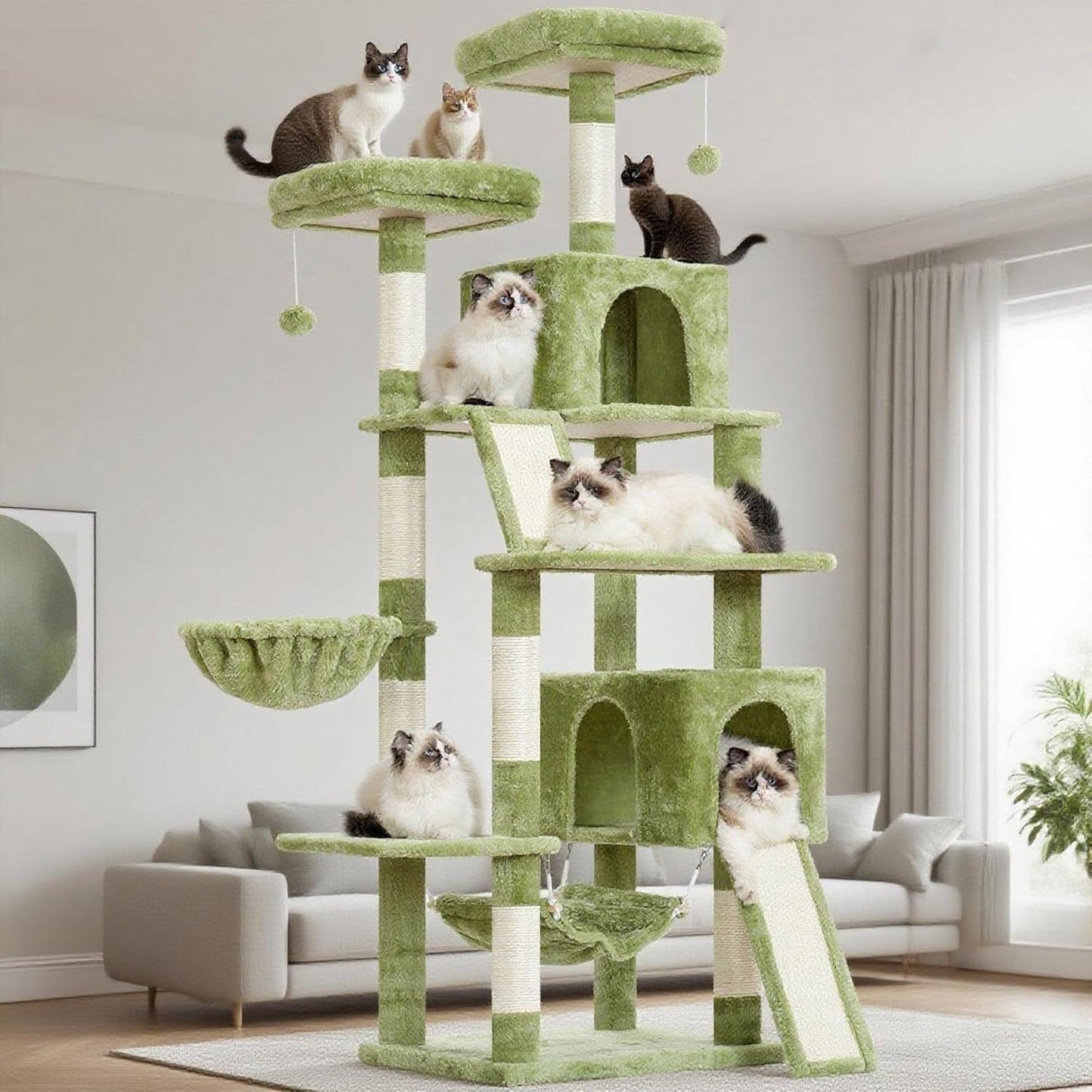 Cat Tree for Indoor Cats, 71'' (180cm) Multi-Level Cat Tower for Large Adult, Sturdy Cat Tree House with 2 Scratching Boards 7 Posts, 2 Plush Perches/Condos, Hammock, Green GCT032GR
