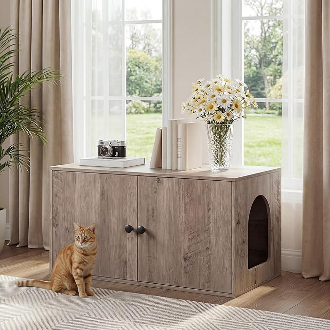 HOOBRO Cat Litter Box Enclosure, Hidden Litter Box Furniture with Side Entry, Litter Box Cabinet, Indoor Cat House, End Side Table, 31.5"L x 17.7"W x 16.3"H, for Living Room, Bathroom, Greige BG40MW01