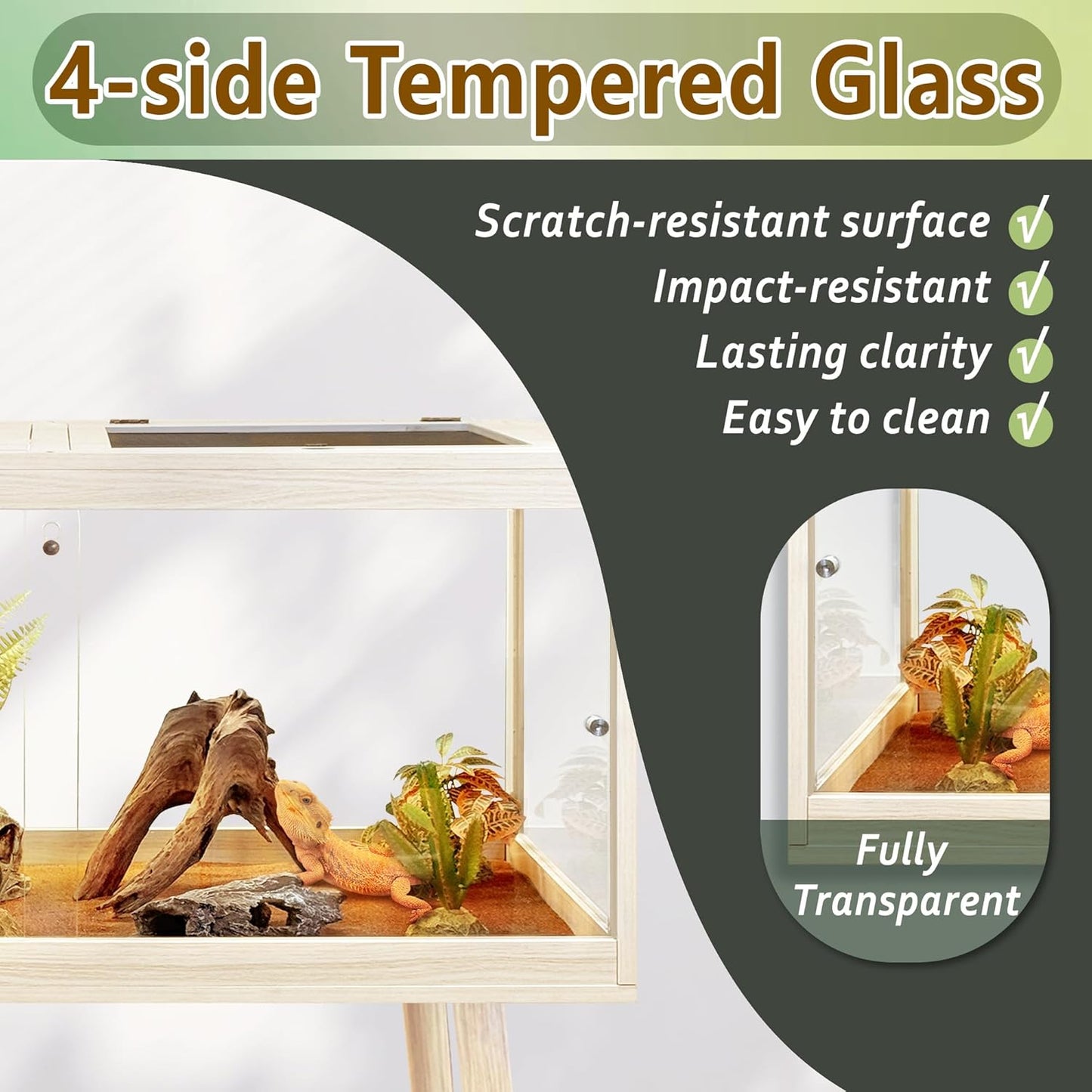 PROLEE Tempered Glass Reptile Enclosure with Leg,24“ Scratch-Proof Bearded Dragon Tank,28 Gallon Lizard Tank with Metal Mesh Tops and Lockable Door,Spacious Reptile Habitat for Snake,Lizard (Oak) - FurryFun