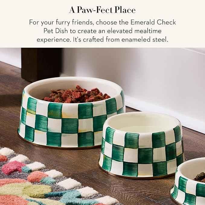 MACKENZIE-CHILDS Enamel Pet Bowl, Cute Cat and Dog Bowl for Food and Water, Large, Green-and-White Emerald Check
