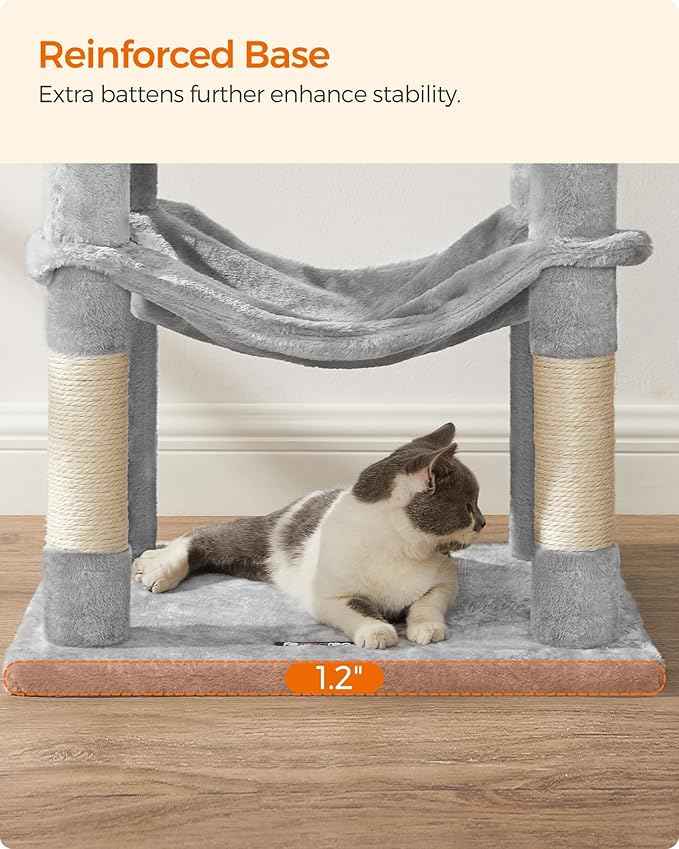 Feandrea Cat Tree, 55.1-Inch Cat Tower, Plush Multi-Level Condo with 4 Scratching Posts, 2 Perches, Hammock, Cave, Light Gray UPCT161W01