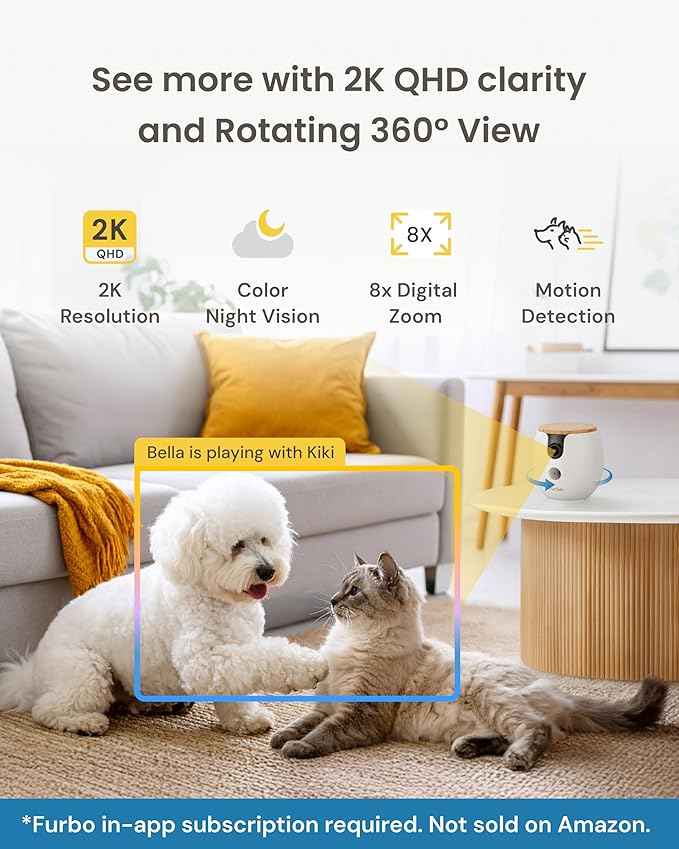 Furbo Mini 360° [Subscription Required] New 2K QHD Pet Camera - Unlock w/Paid Plan: Dog & Cat Safety Alerts, Rotating Treat Toss, 2-Way Speaker (Low Risk, 3mo Min. Cancel Anytime)