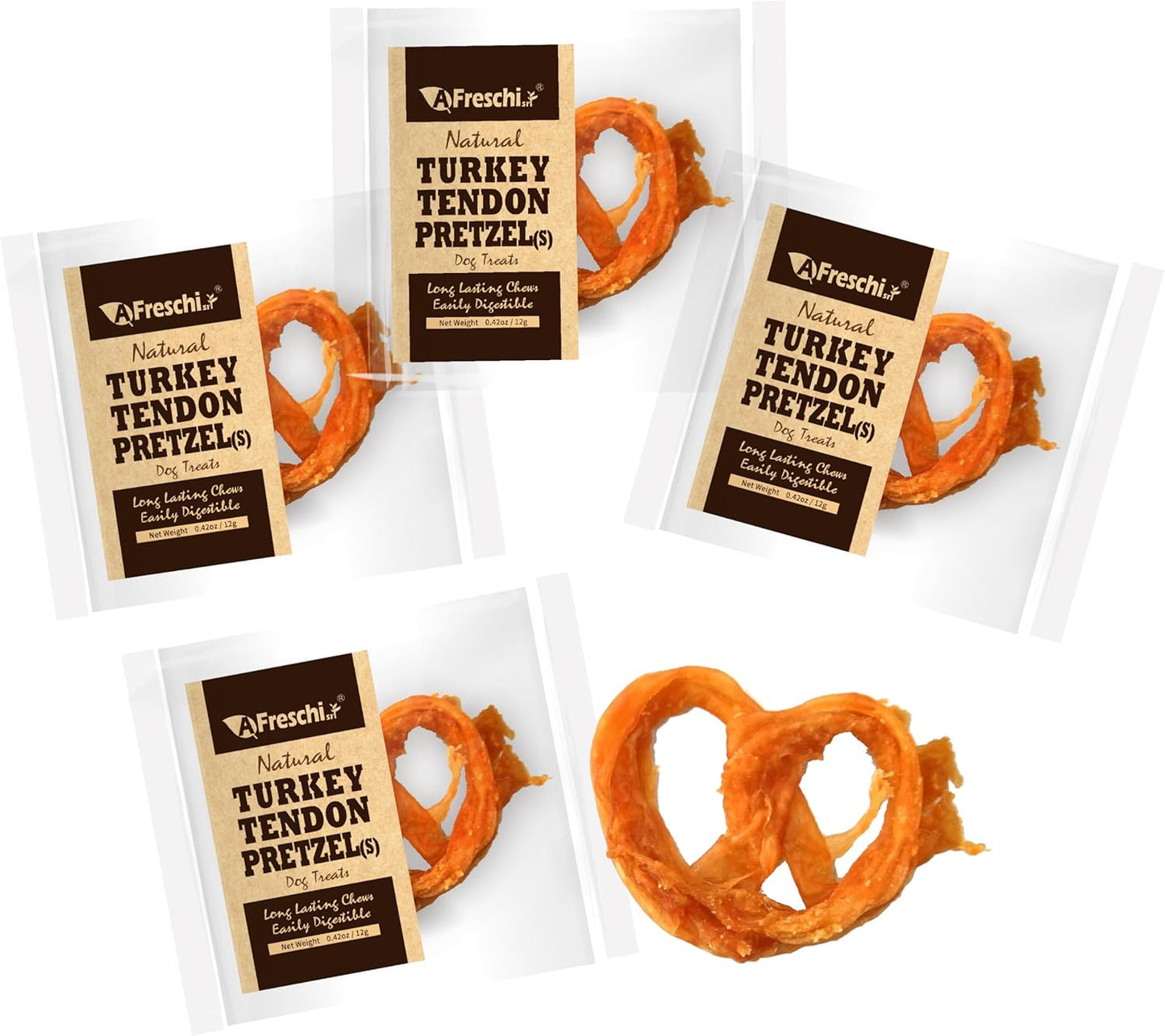 AFreschi Turkey Tendons for Dogs, USA-Sourced, Healthy Dog Treats, Rawhide-Free Puppy Chews, Long Lasting, All Natural, Hypoallergenic Dog Treats for Small Breeds, 4 Count Pack Pretzel (S)