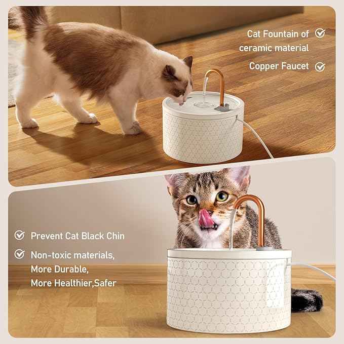 Ceramic Cat Water Fountain - 2.1L/71oz - Honeycomb Embossed All-Ceramic Body & Pure Copper Spout - Non-Toxic & Automatic Pet Drinking Fountain Indoor with Ultra-Quiet Pump, 3 Filters & Sponge