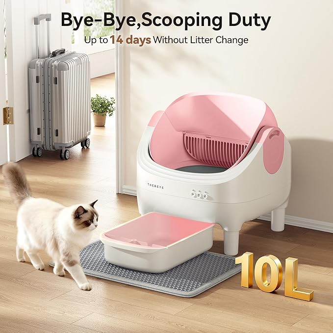 Thereye Self Cleaning Litter Box, Open-Top Automatic Litter Box with Smart App and Safety Sensors, Large Auto Litter Box for Multiple Cats, 10L Waste Bin with Odor Control, Includes Trash Bag, Pink