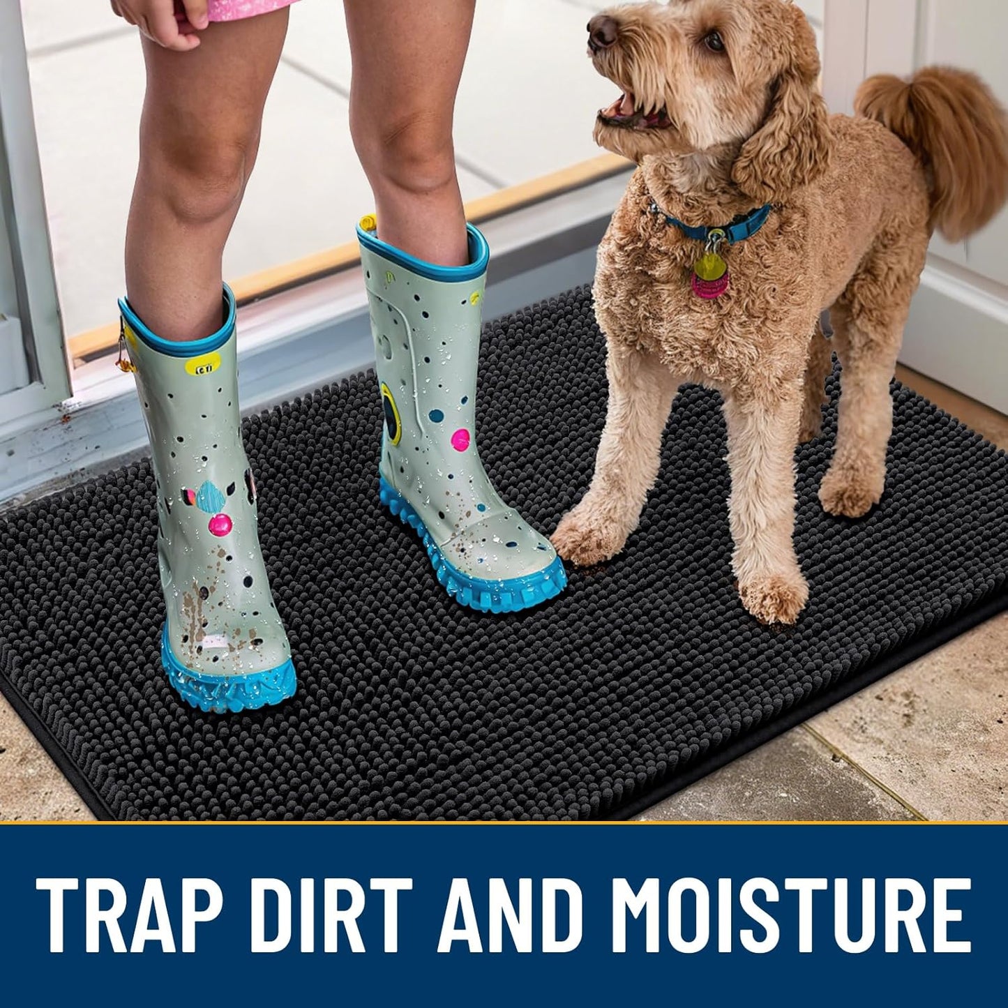Smiry Dog Door Mat for Muddy Paws 70x24, Absorbs Moisture and Dirt Doormat, Non-Slip Washable Quick Dry Chenille Front Door Mat Indoor Entrance, Entryway Carpet for Inside Floor, Black