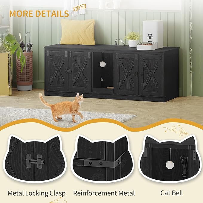 55" L Cat Litter Box Enclosure for 2 Cats, Double Hidden Litter Box Furniture with Scratch Pad, Wooden Cat Cabinet with USB Ports & Power Outlets, Farmhouse TV Stand, Black CB82504X