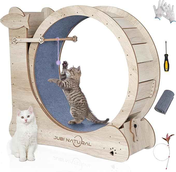 Cat Exercise Wheel, 43" Cat Running Wheels for Indoor Cats with with Locking Mechanism, Cats Treadmill Wheels with Scratching Board and Teaser Toy, Cat's Weight Loss and Health