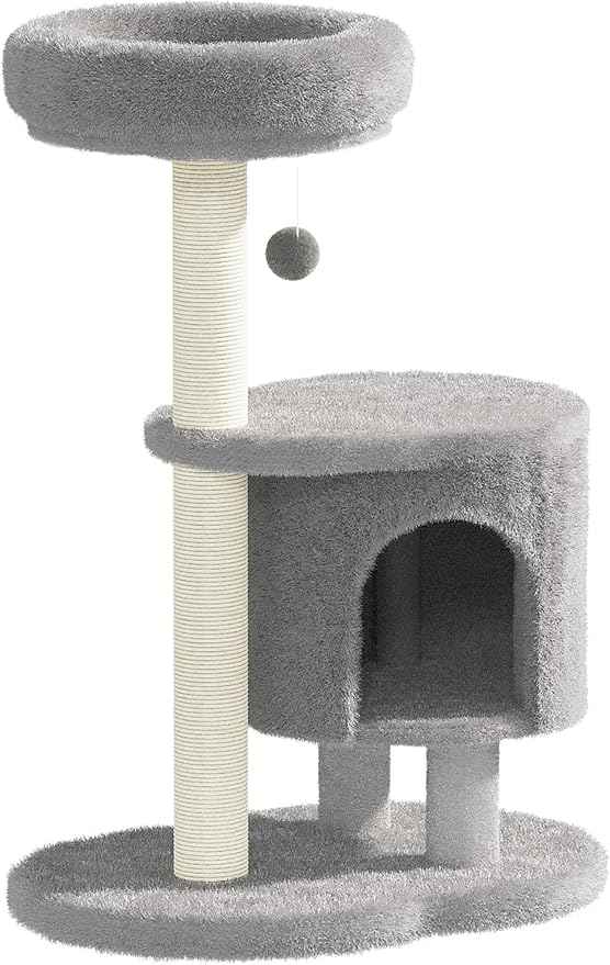 Cat Tree, 34.3 Inches Cat Tower with Scratching Post, Condo, Interactive Hanging Ball, Plush Perch for Indoor Large Cats, Gray