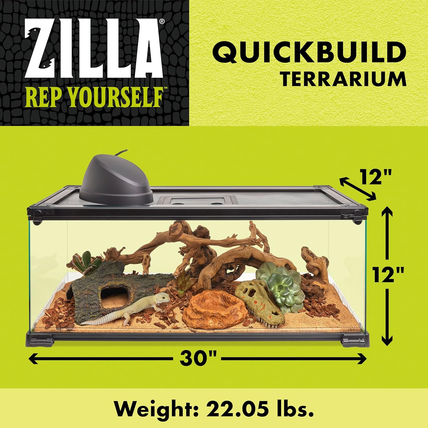 Zilla QuickBuild Reptile 20 Gallon Glass Terrarium Habitat with Bedding Tray For Geckos, Snakes, Lizards, Frogs, Turtles, and Tortoises, 30" x 12" x 12" - FurryFun