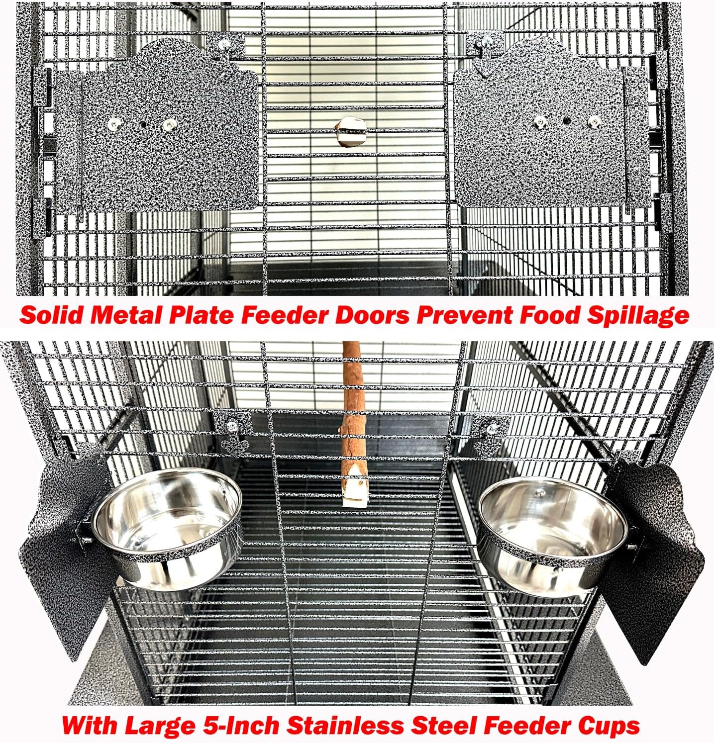 Large Elegant and Durable Wrought Iron Play Ground Perch Stand Top Climbing Ladder Bird Parrot Rolling Metal Cage with Around Seed Guard Storage Shelf On Heavy Duty Lockable Rolling Wheels