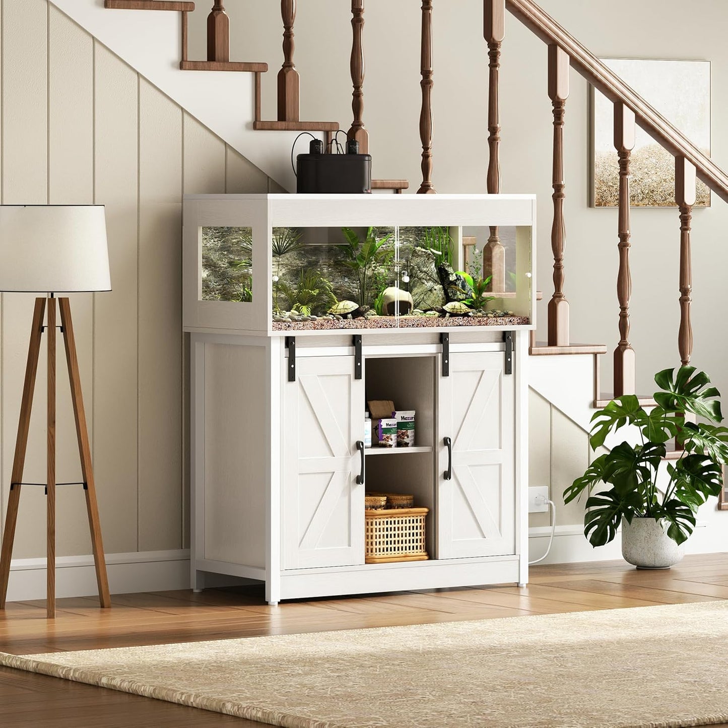 40 Gallon Reptile Terrarium with Stand, Reptile Tank with Barn Door and Storage, Vivarium with Acrylic Doors, Ventilated Mesh Top & Power Outlet, for Geckos, Lizards, Snakes White PX06RTW - FurryFun