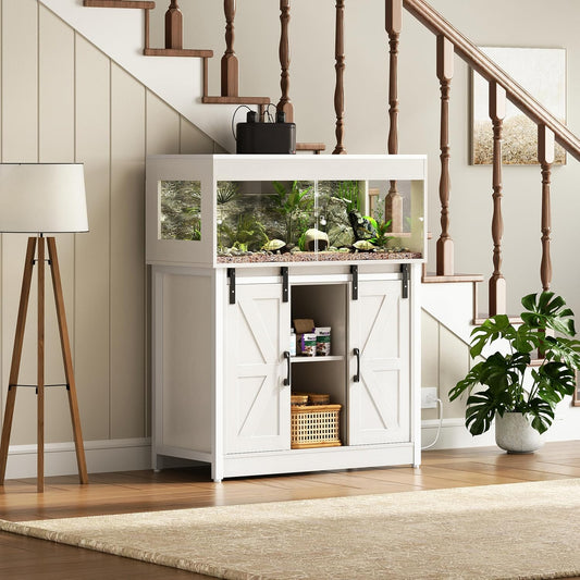 40 Gallon Reptile Terrarium with Stand, Reptile Tank with Barn Door and Storage, Vivarium with Acrylic Doors, Ventilated Mesh Top & Power Outlet, for Geckos, Lizards, Snakes White PX06RTW - FurryFun