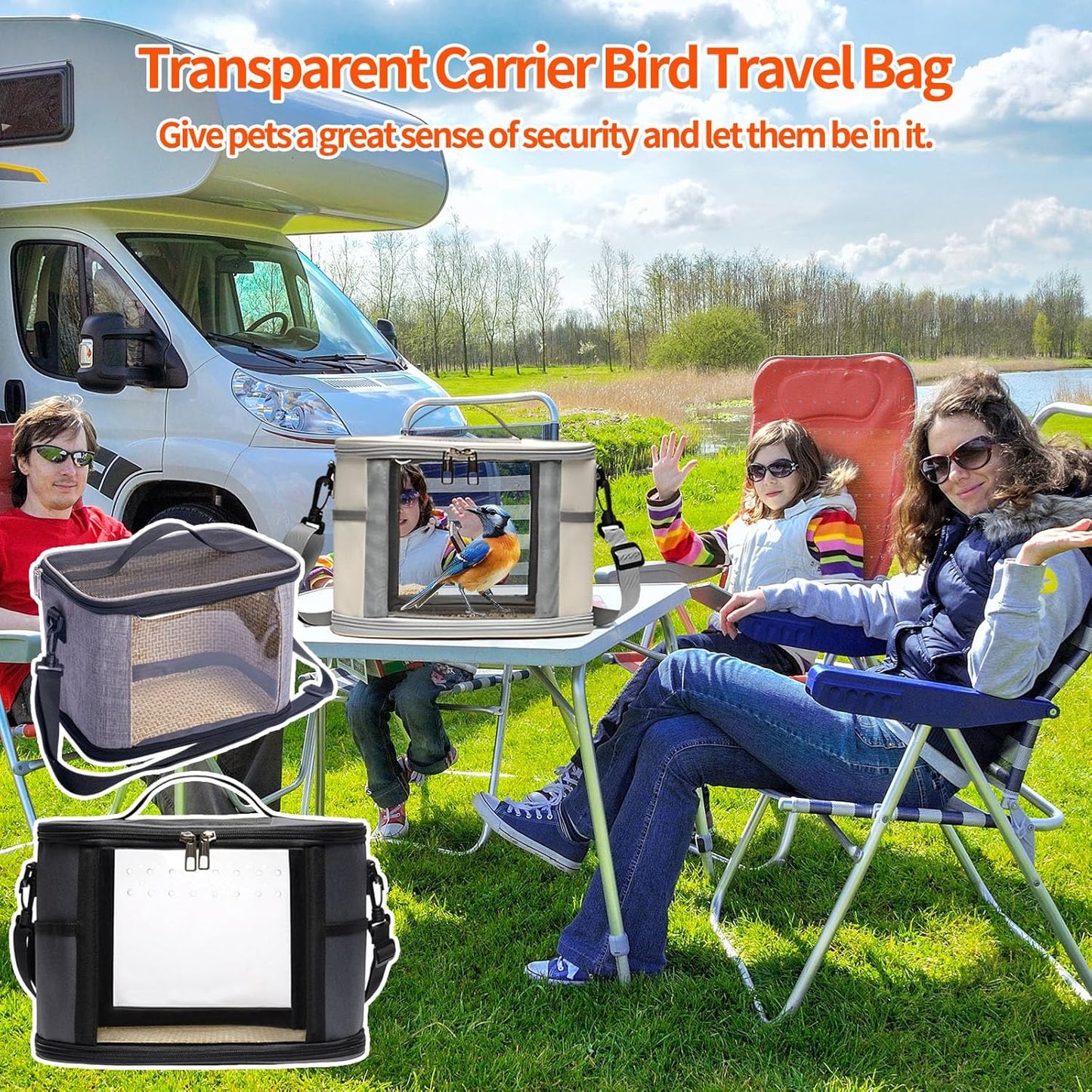 Bird Travel Carrierm, Small Bird Travel Backpack Carrier Cage with Tray and Breathable Clear Window, for Parakeet Cockatiel Budgies, for Camping Hiking (Blue)