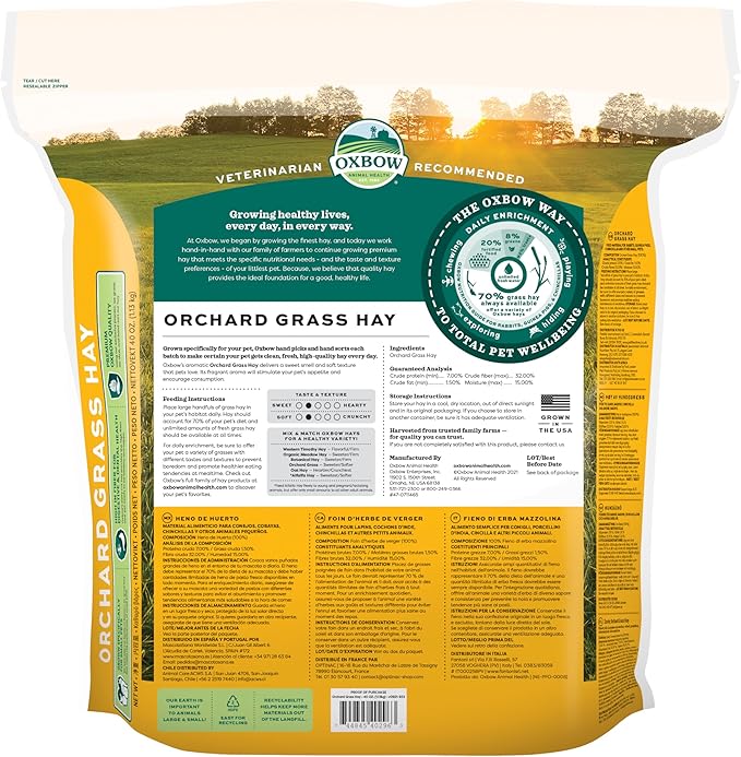 Oxbow Orchard Grass Hay for Small Pets – All-Natural Long Strand Fiber Hay for Rabbits, Guinea Pigs, Chinchillas, and Hamsters – Supports Digestive Health and Enrichment – 40 oz Bag