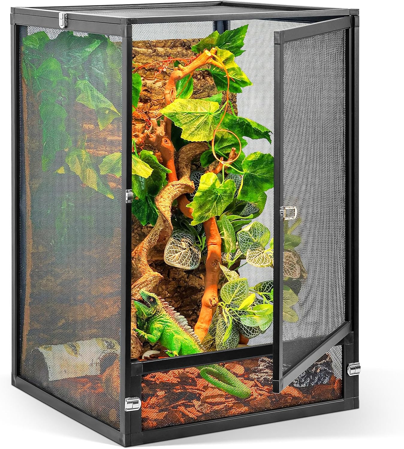33 Gallon 360° Panoramic Foldable Reptile Terrarium Kit: Crested Gecko Tank and Reptile Cage for Superior Ventilation, Easy Feeding, Sturdiness, and Simple Assembly (Black, 26"x17"x17") - FurryFun