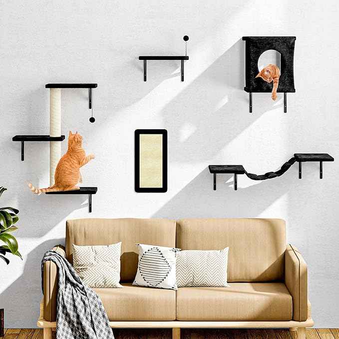 NUNU LAB Wall Mounted Cat Wall Shelves, 10-in-1 Cat Wall Climber with Kitten House, Bridge, Steps, Scratcher, Indoor Space-Saving Furniture for Kittens Play, Black