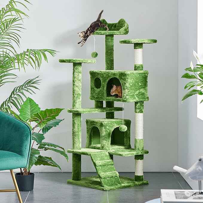 Yaheetech 54in Cat Tree, Cat Tower with Large Condo Sisal Scratching Posts and Dangling Balls, Pet Furniture for Kitten, Green