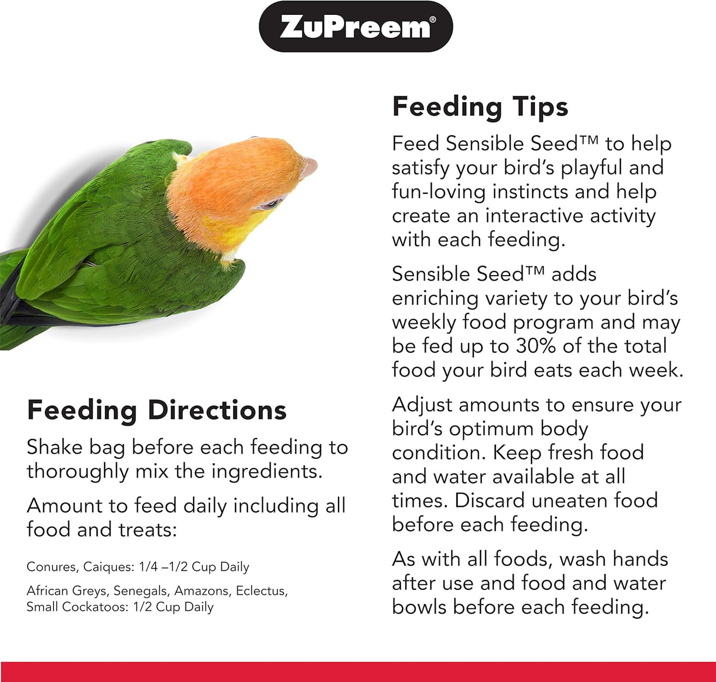 ZuPreem Sensible Seed Bird Food, Cockatiel, Lovebird, Quaker, Small Conure, Seed and Pellet Blend for Medium Birds, Food Mixer Topper, Enriching Variety, Made in the USA, (M, 2 lbs)