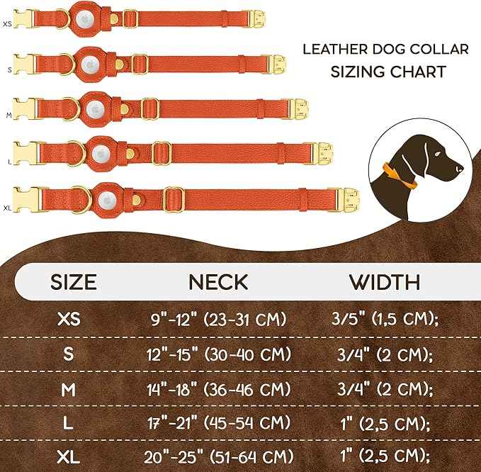 Leather Airtag Dog Collar - Soft Tracking Dog Collar with Apple AirTag Holder and Metal Buckle - Safety GPS Pet Collars for Small Medium Large Dogs Puppy Pink Red (Orange, XS, 9"-12" Neck Fit)