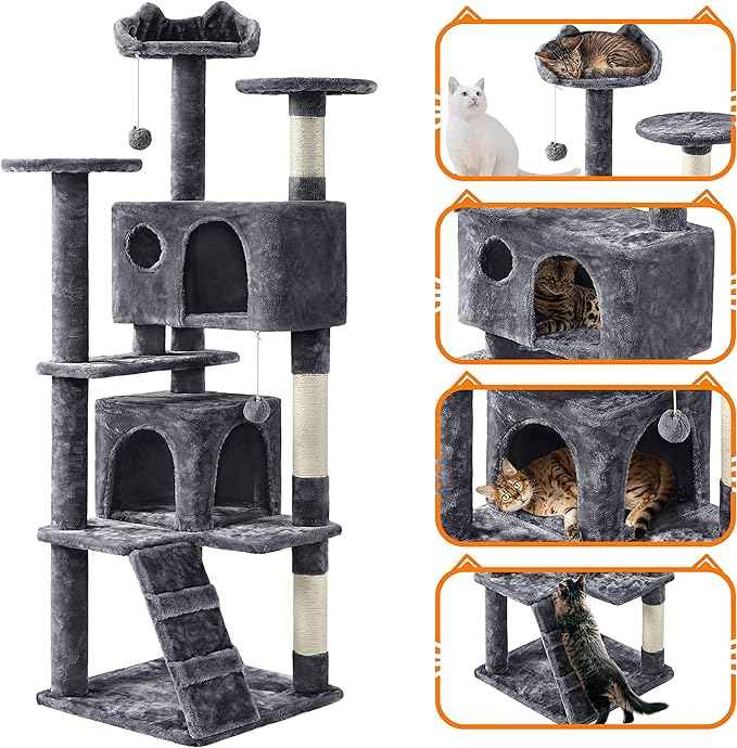 Yaheetech 62in Cat Tree Cat Tower for Indoor Kitty, Pet Furniture w/Double Condo, Scratching Posts, Multiple Platforms and Balls for Kittens, Dark Gray