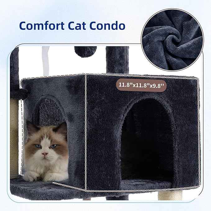 Cat Tree, Cat Tower for Indoor Cats, 43.3 inch Cat Tree Tower with Sturdy Steel Tube, Hammock, Cat Condo for Small Cats and Kittens, Scratching Post, Smoky Gray GCT004SG