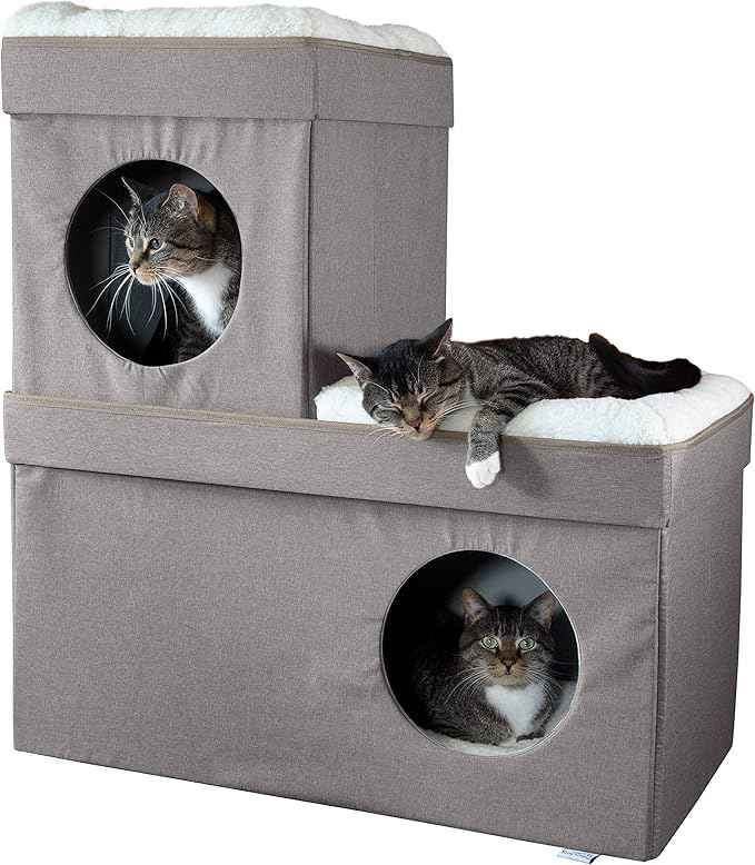 Kitty City Large Stackable Cat Condo & Cube House, Modular Indoor Cat Furniture with Plush Washable Beds, Collapsible Cat Cave & Lounging Ottoman, Tan