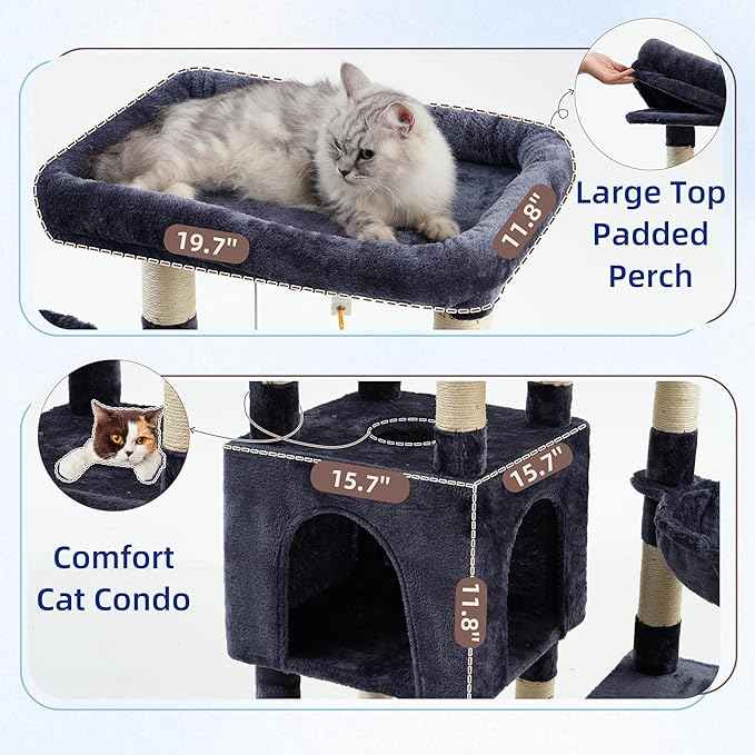 Cat Tree for Indoor Cats Large Adult, Heavy Duty Cat Tree for Large Cats 20 lbs+, Cat Condo with Big Wooden Perch, Cat Tower with 14 Scratching Posts, Hammock, Smoky Gray GCT023G