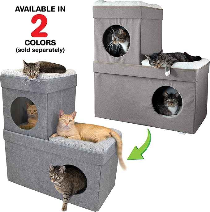 Kitty City Large Stackable Cat Condo & Cube House, Modular Indoor Cat Furniture with Plush Washable Beds, Collapsible Cat Cave & Lounging Ottoman, Tan