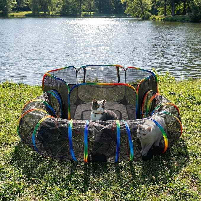 LUCKITTY Portable Cat Enclosure - 2-in-1 Outdoor Catio with Tent & Tunnel, Foldable Playpen for Indoor Cats, Includes Storage Bag for Cats & Small Animals Rainbow Color