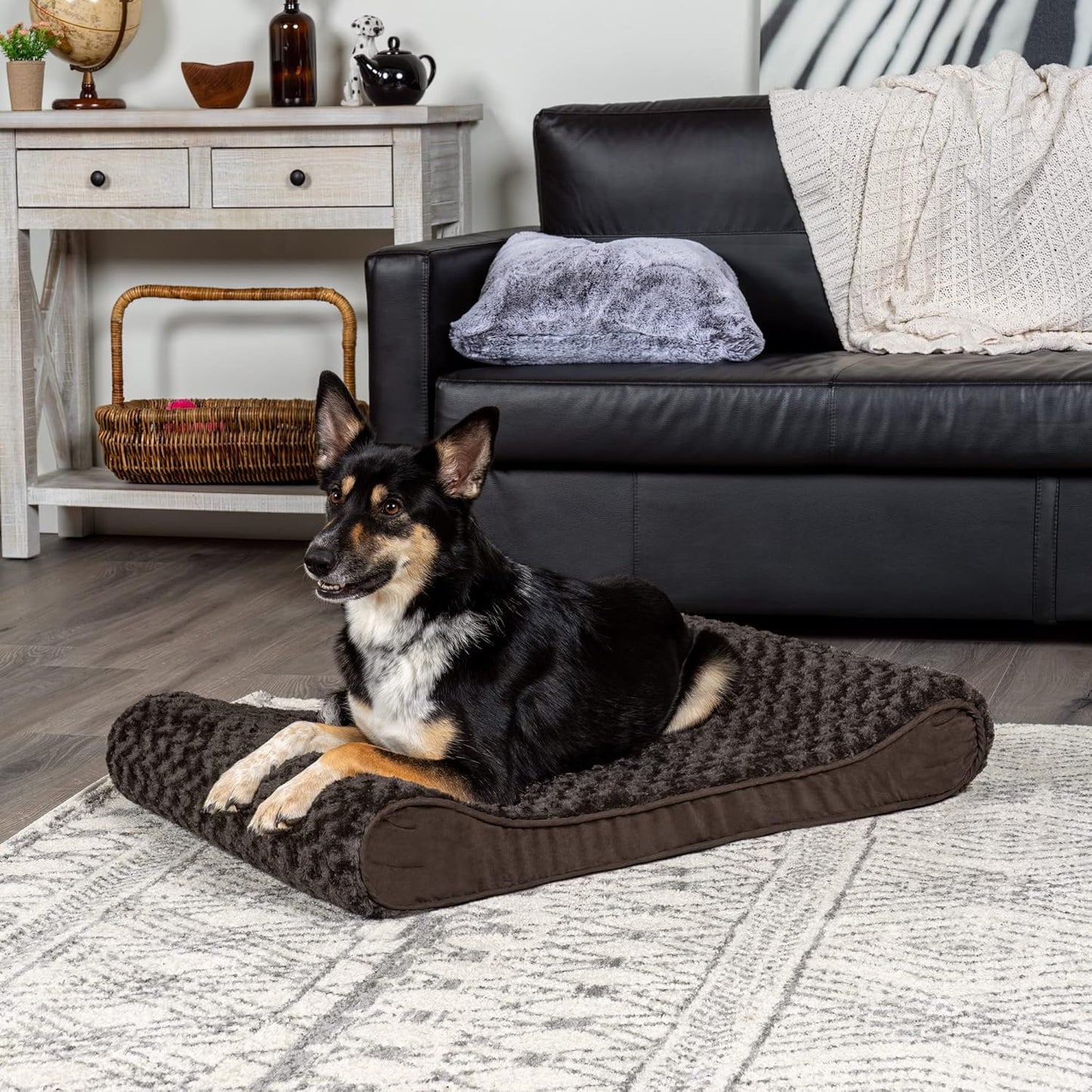 Furhaven Orthopedic Dog Bed for Large/Medium Dogs w/ Removable Washable Cover, For Dogs Up to 38 lbs - Ultra Plush Faux Fur & Suede Luxe Lounger Contour Mattress - Chocolate, Large