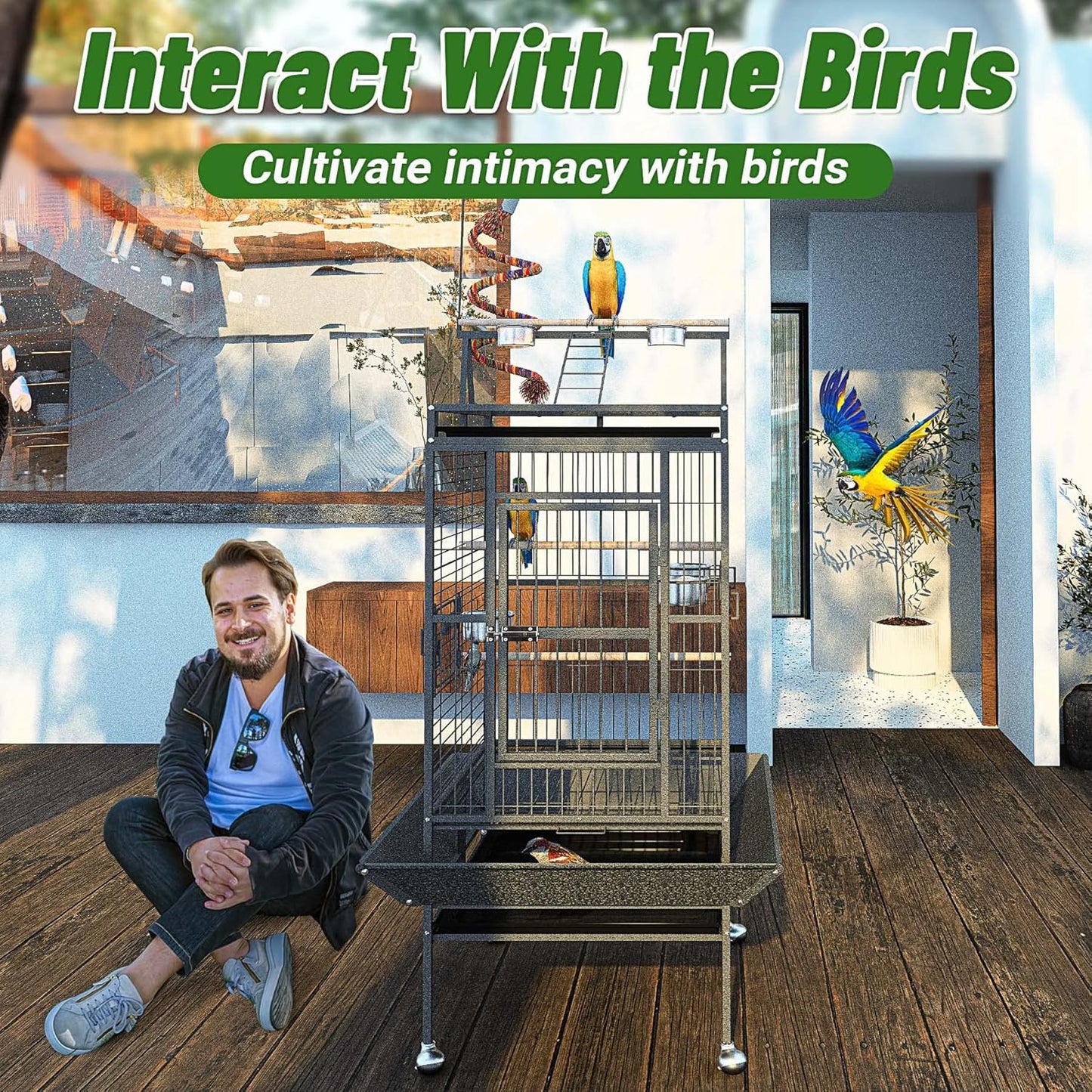 82 Inch Bird Cage, BOINN Bird Flight Cages with Rolling Stand & Bottom Tray, Wrought Iron Parrot Cage with PlayTop for Parakeet, Lovebirds, Ringneck, Cockatiels