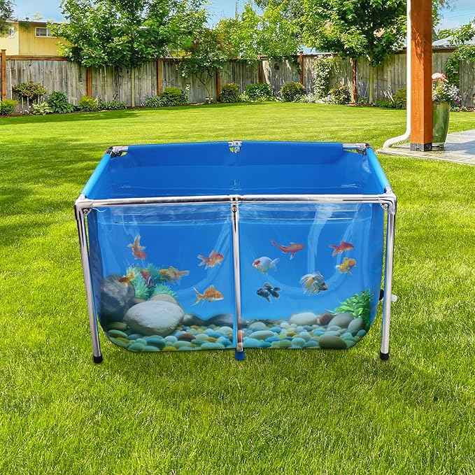PVC Fish Pond,Above Ground Fish Tank,Goldfish/Koi Pond with Clear Viewing Panel, Outdoor Canvas Aquarium with Stainless Steel Frame & Drain Valve for Outside,39.4 * 23.6 * 23.6in,95 Gallon