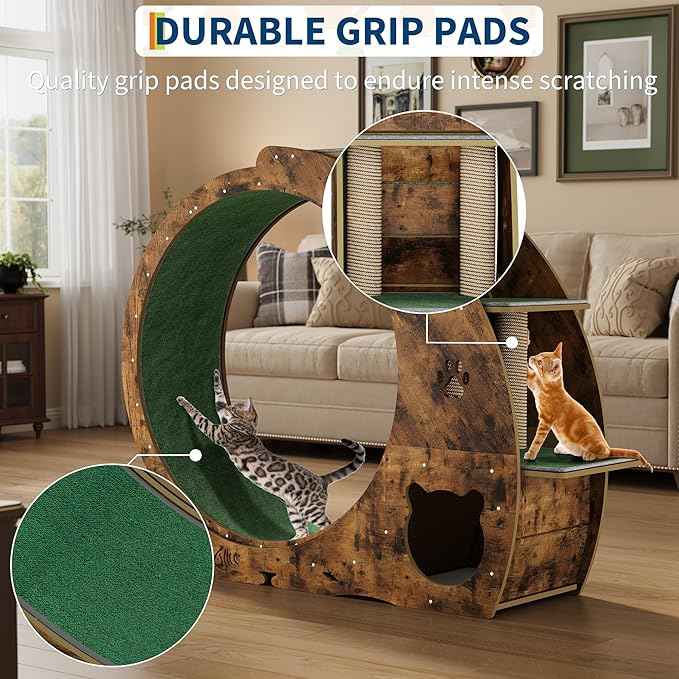 Cat Running Wheel for Indoor Cats, Large 6-in-1 Cat Treadmill with Bowls, Scratch Post & Resting House, Quiet Cats Wheel Exerciser for Kitty Fitness Brown