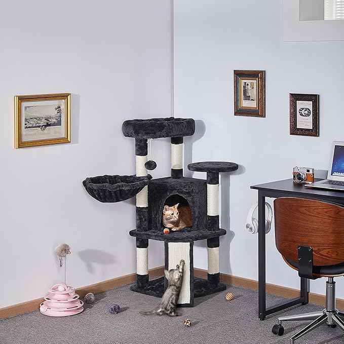 Topeakmart 42in Cat Tree Tower for Indoor Cats, Cat Condo with Perch & Hammock, Activity Center, Multi-Level Cat Furniture with Scratching Posts, Cat House, Black